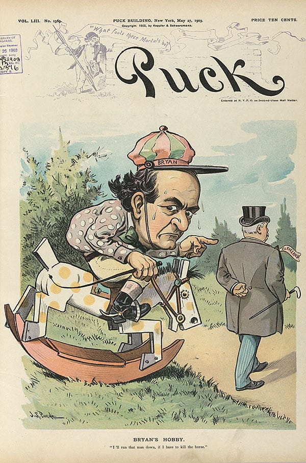 "Bryan's hobby" with William Jennings Bryan as a jockey astride a rocking—or "hobby"—horse trying to catch Grover Cleveland, saying, "I'll run that man down, if I have to kill the horse." May 27, 1901. LC-DIG-ppmsca-25744