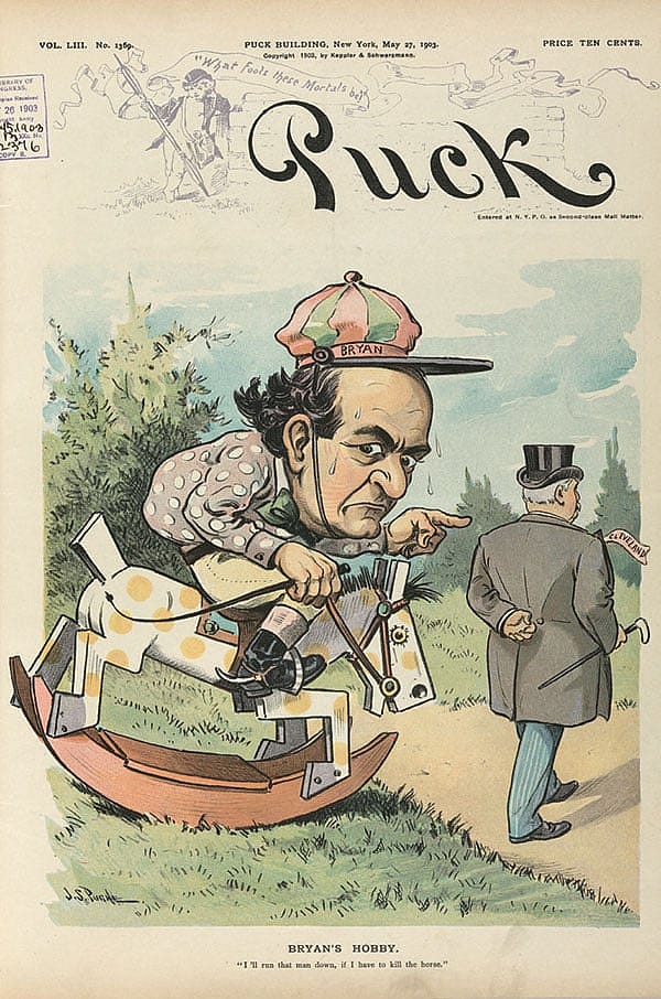 "Bryan's hobby" with William Jennings Bryan as a jockey astride a rocking—or "hobby"—horse trying to catch Grover Cleveland, saying, "I'll run that man down, if I have to kill the horse." May 27, 1901. LC-DIG-ppmsca-25744