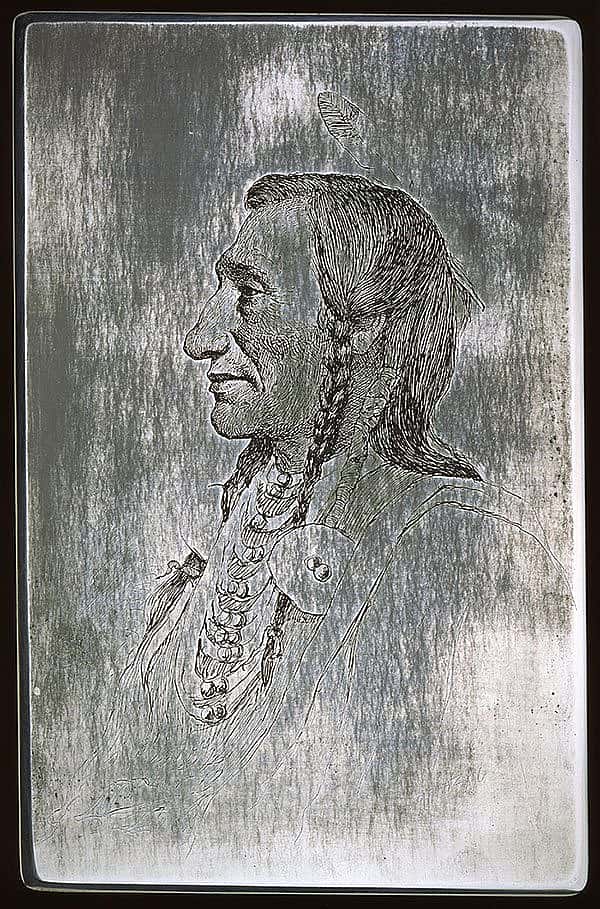 J.H. Sharp (1859-1953). "Wolf Ear, Sioux," ca.1900. Steel etching plate, 11 x 7 inches. Gift of Mr. and Mrs. Forrest Fenn. 40.86