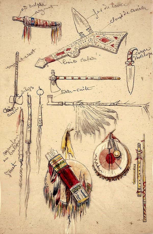 Rosa Bonheur (1822-1899). "Indian Artifacts, Weapons and Pipes," after 1841. Watercolor on paper. Whitney Purchase Fund. 14.88.1