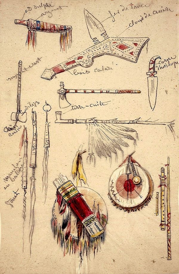 Rosa Bonheur (1822-1899). "Indian Artifacts, Weapons and Pipes," after 1841. Watercolor on paper. Whitney Purchase Fund. 14.88.1