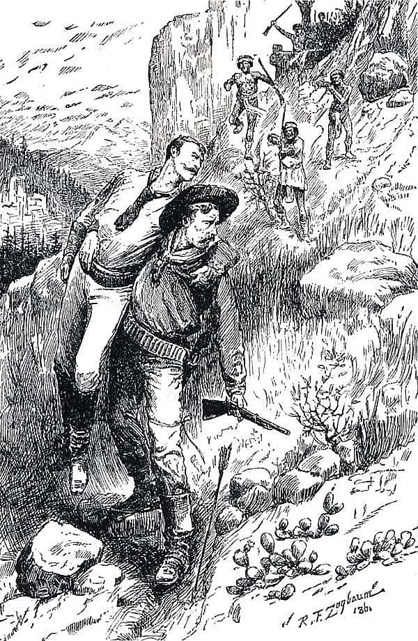 "Sergeant Taylor rescuing Lieutenant Charles King," by Rufus Zogbaum, from frontispiece to "Uncle Sam's Medal of Honor," by Gen. Theo. F. Rodenbough, 1886. Sgt. Taylor was awarded the Medal of Honor for saving Charles King during the Apache wars of 1874.