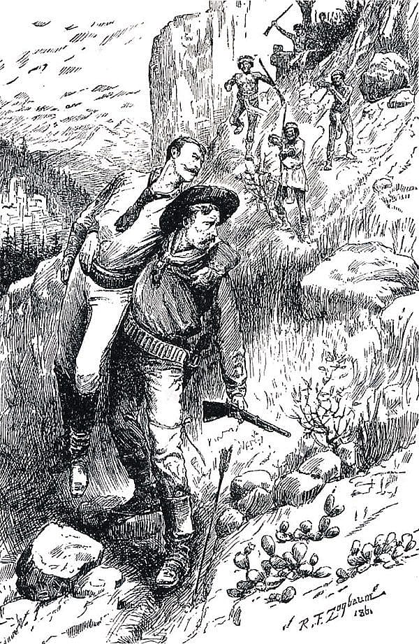 "Sergeant Taylor rescuing Lieutenant Charles King," by Rufus Zogbaum, from frontispiece to "Uncle Sam's Medal of Honor," by Gen. Theo. F. Rodenbough, 1886. Sgt. Taylor was awarded the Medal of Honor for saving Charles King during the Apache wars of 1874.