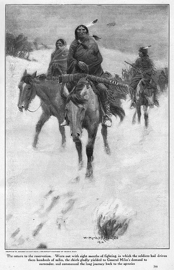 Illustration 7: From General Nelson A. Miles, "My First Fights on the Plains," "Cosmopolitan Magazine," May 1911, p. 799. This necessitated a change in credit line for the Glenbow's "Remington." It became: William Herbert Dunton (1878-1936), "The Return to the Reservation," 1910, oil on canvas, 28.98 x 20 inches. Collection of Glenbow Museum. 65.23. 7. Previously known as "Warriors' Return."