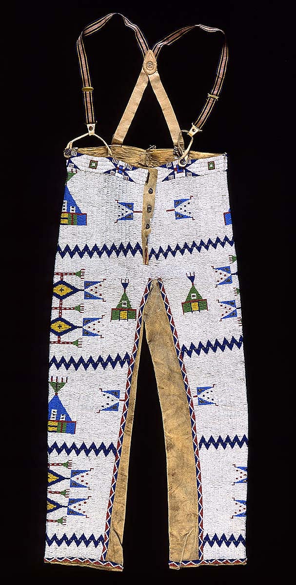 Trousers and suspenders, ca. 1920s. Northern Arapaho. Leather, beads. 1.69.5935