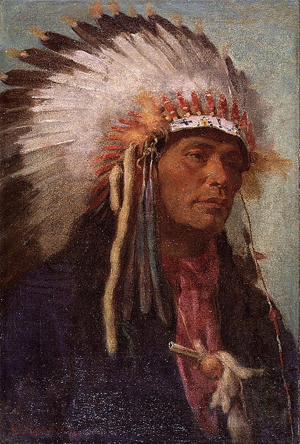 Joseph Henry Sharp (1859-1953). "Strikes His Enemy Pretty," 1906. Strikes His Enemy Pretty, a young member of the Crow tribe, posed as a model for several of Sharp's paintings. Oil on canvas, 17.75 x 11.875 inches. Whitney Purchase Fund. 21.61