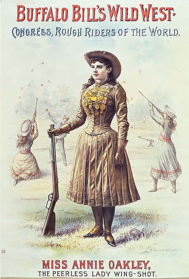 The "little markswoman," Annie Oakley, "who broke flying glass balls as easily as a drunkard breaks the commandments." Wild West poster, ca. 1890. A. Hoen & Co., Baltimore. Four-color lithograph poster, 28.5 x 19 inches. Gift of the Coe Foundation. 1.69.73