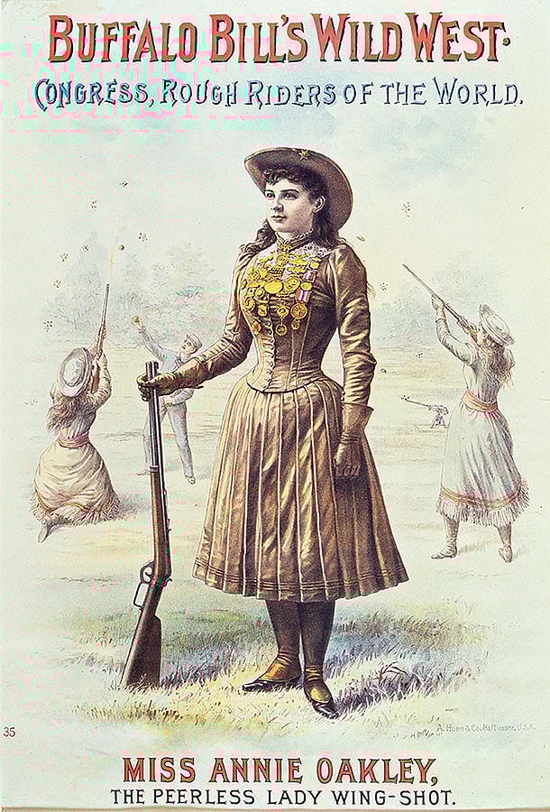 The "little markswoman," Annie Oakley, "who broke flying glass balls as easily as a drunkard breaks the commandments." Wild West poster, ca. 1890. A. Hoen & Co., Baltimore. Four-color lithograph poster, 28.5 x 19 inches. Gift of the Coe Foundation. 1.69.73