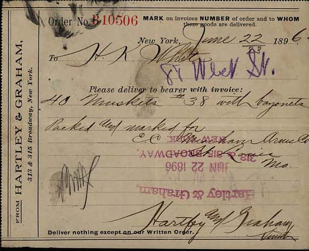 This order placed in 1896 is for 40 Model 1842 Muskets. While well obsolete, they were still serviceable arms, and could be valuable on the frontier. MS 34 Schuyler, Hartley & Graham, McCracken Research Library. MS34.18.23.02.001