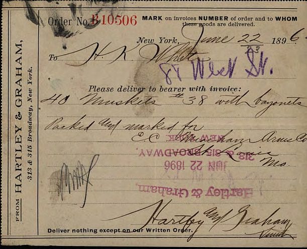 This order placed in 1896 is for 40 Model 1842 Muskets. While well obsolete, they were still serviceable arms, and could be valuable on the frontier. MS 34 Schuyler, Hartley & Graham, McCracken Research Library. MS34.18.23.02.001