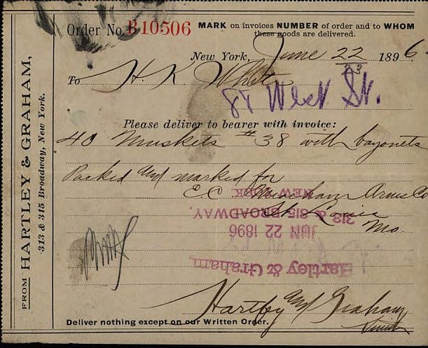 This order placed in 1896 is for 40 Model 1842 Muskets. While well obsolete, they were still serviceable arms, and could be valuable on the frontier. MS 34 Schuyler, Hartley & Graham, McCracken Research Library. MS34.18.23.02.001
