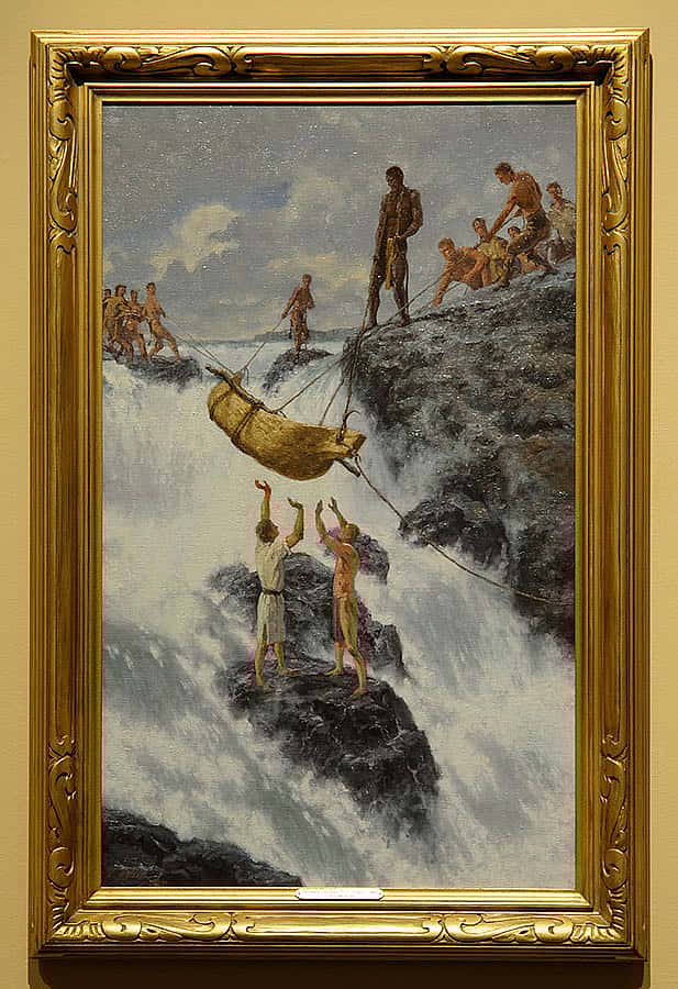 Fritz's paintings don't shy away from the trials of the Corps of Discovery. Charles Fritz. "Descending the Grand Falls of the Columbia," 2007. Oil on canvas, 36 x 22 inches. From the collection of Timothy Peterson.
