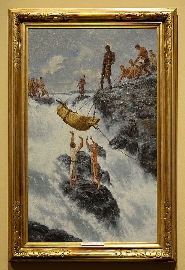 Fritz's paintings don't shy away from the trials of the Corps of Discovery. Charles Fritz. "Descending the Grand Falls of the Columbia," 2007. Oil on canvas, 36 x 22 inches. From the collection of Timothy Peterson.