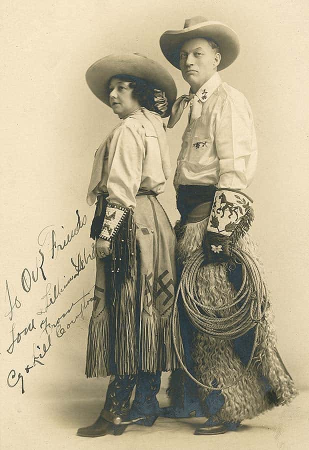 Cy and Lill Compton, ca. 1905. Note swastika on skirt and Native designs on cuffs and gauntlets. Buffalo Bill's Wild West. Gift of Thomas P. Isbell. P.69.1901