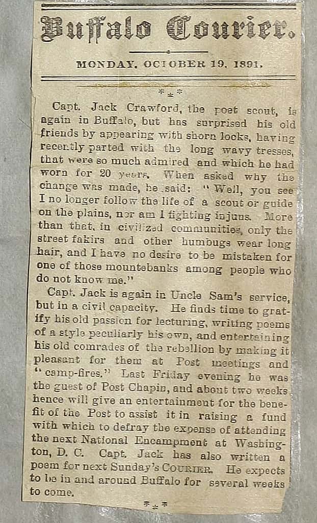 Clipping of Capt. Jack Crawford from Center of the West collection - typical fodder for scrapbooks.