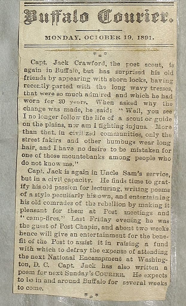 Clipping of Capt. Jack Crawford from Center of the West collection - typical fodder for scrapbooks.