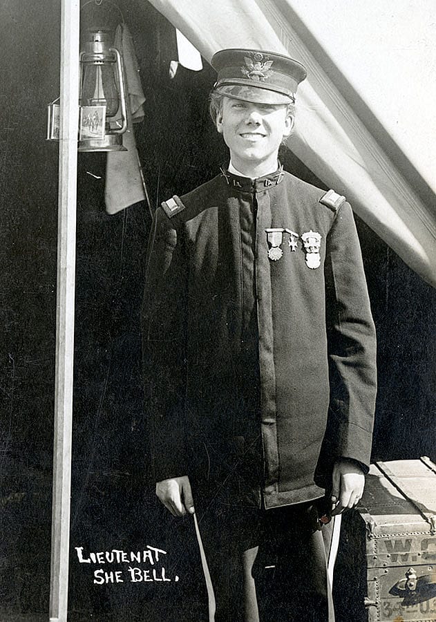Cody Bell at a National Guard encampment, 1910. Although some jokingly called him "the Daughter of the Regiment" because of his hair, Cody's ready smile and friendly manner won hearts wherever he west. MS 294 Bell Family Collection. P.294.27.1