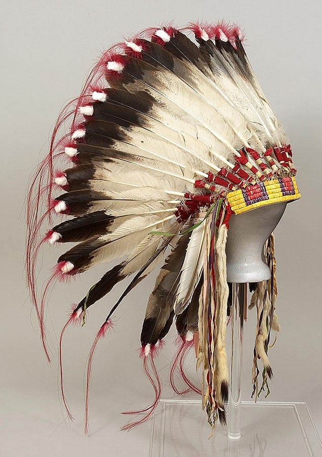 Sioux/Northern Plains war bonnet with eagle feathers, ca. 1890. Gift of Irving H. "Larry" Larom Estate. NA.205.35