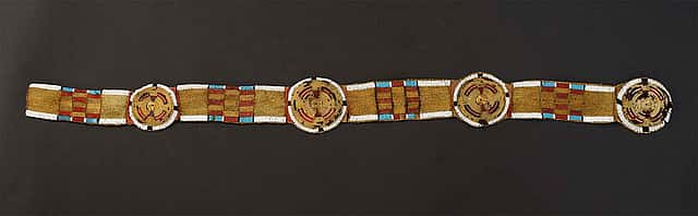 Crow/Nez Perce bison hide, quill wrapped horse hair blanket strip edged in pony and seed beads, ca. 1850. NA.203.1483