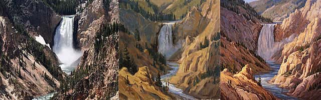 A photograph along with Kathy Wipfler's sketch and final painting of the Lower Falls of the Yellowstone, 2006. 9.07 and 10.07
