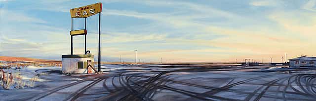 Don Stinson (b. 1956). I-80 Energy Romance, 2013. Oil on linen, 28 x 64 inches. Gift of The Alexander Bodini Foundation, in memory of Alexander Bodini. 15.13 (detail)