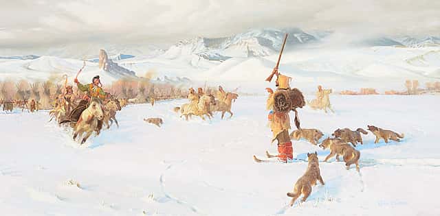 John Clymer 1907 – 1989 John Colter Visits the Crows 1807 (1975) oil on canvas 24 × 48 inches; Coeur d’Alene Art Auction