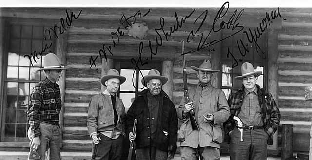 Left to right: Max Wilde, D.W. DeFoe, J. L. Wheeler, Ty Cobb, Tom Yawkey. Max Wilde was the guide, DeFoe and Wheeler were clients, Cobb was also a client but a baseball superstar and member of the Baseball Hall of Fame. Tom Yawkey was owner of the Boston Red Sox. MS 6 William F. Cody Collection, McCracken Research Library. P.69.609 (detail)