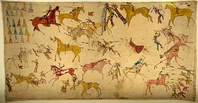 Mee-nah-tsee-us (White Swan) (ca. 1851–1904). Apsaalooke (Crow), Montana. Painting, ca. 1887. Muslin, pencil, ink, watercolor, 37.25 x 70.5 inches. The Paul Dyck Plains Indian Buffalo Culture Collection, acquired through the generosity of the Dyck family and additional gifts of the Nielson Family and the Estate of Margaret S. Coe. NA.702.40