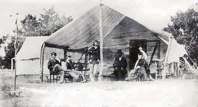 George Armstrong Custer (standing), Libby Custer (second from left) and others on Big Creek, Hays, Kansas, 1867. MS 71 Vincent Mercaldo Collection, McCracken Research Library. P.71.277