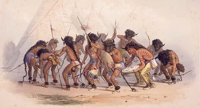 George Catlin (1796-1872). Buffalo Dance, 1844. Hand colored lithograph on paper. Gift of Mrs. Sidney T. Miller. 21.74.8