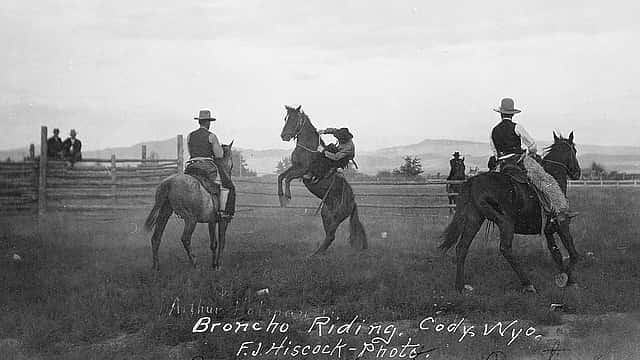 Arthur Holman bronc riding at Stampede Rodeo, Clarence William at left, Blocker Dodge at right. MS 005 Cody Local History Collection. P.69.1703