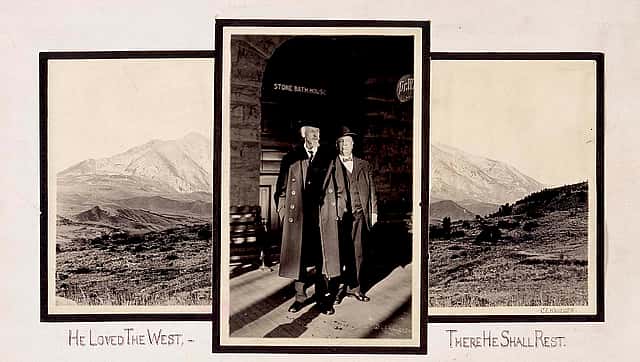 Last known photograph of Buffalo Bill, here pictured with his physician, Dr. Crook, standing outside Stone Bath House, Glenwood Springs, Colorado, 1917. MS 6 William F. Cody Collection. P.69.999