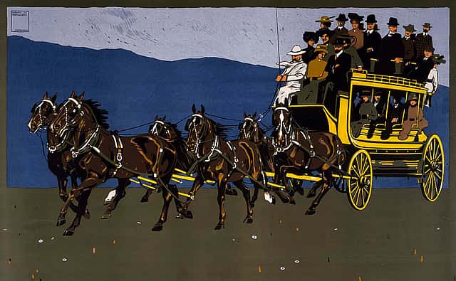 Serigraph poster, Yellowstone National Park Transportation Company coach. Ludwig Hohlwein, Munich, H. Schuh and Cie, printers, ca. 1910. Gift of Clyde S. Erskine and Helen E. Erskine. 1.69.1836 (detai)