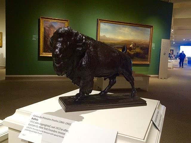 Bronze bison sculpture displayed in a museum, positioned on a pedestal with informational plaques, surrounded by framed paintings and exhibition lighting.