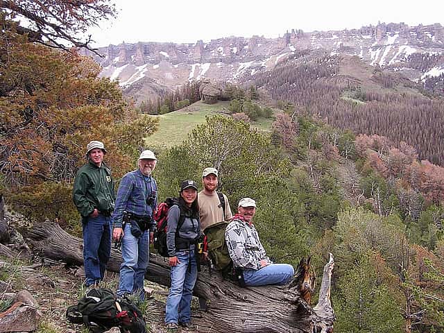 Members of the 2004 Carter Mountain field crew. L to R: Erik Reynolds, John Campbell, Ayako Yamamoto, Ronnie Hegemann, Charles Preston. Photo by Lynne Otto.