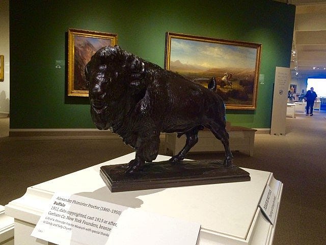 Bronze bison sculpture displayed in a museum, positioned on a pedestal with informational plaques, surrounded by framed paintings and exhibition lighting.