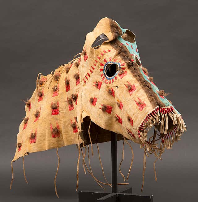 Horse mask, ca. 1850. Northern Plains, Amoskapi Pikuni (Blackfeet) The Paul Dyck Plains Indian Buffalo Culture Collection, acquired through the generosity of the Dyck family and additional gifts of the Nielson Family and the Estate of Margaret S. Coe. NA.403.226
