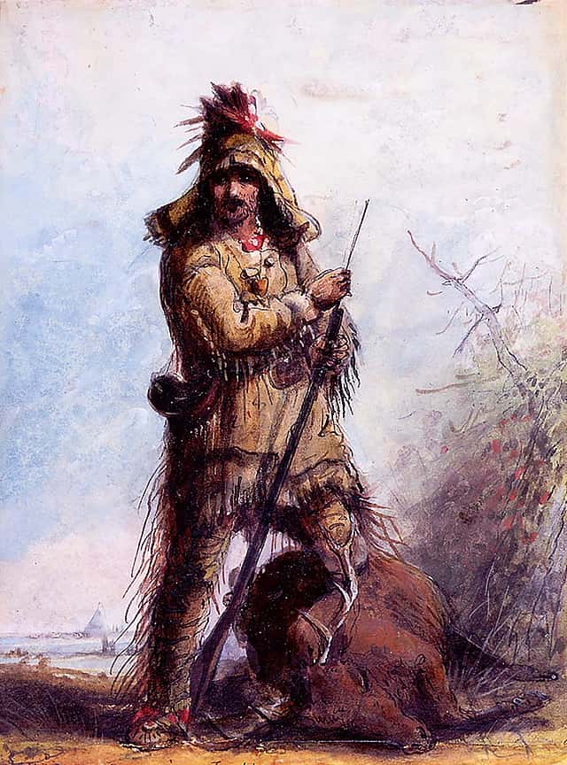 Alfred Jacob Miller's watercolor on paper “Louis—Rocky Mountain Trapper” is one of many iconic images he created that helped create the mythological image of the mountain man. Gift of The Coe Foundation. 36.64
