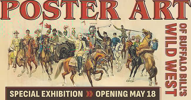 Illustration of cast members of Buffalo Bill's Wild West on cream background. Test: Poster Art of Buffalo Bill's Wild West - special exhibition - opening May 18