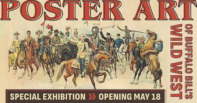 Illustration of cast members of Buffalo Bill's Wild West on cream background. Test: Poster Art of Buffalo Bill's Wild West - special exhibition - opening May 18
