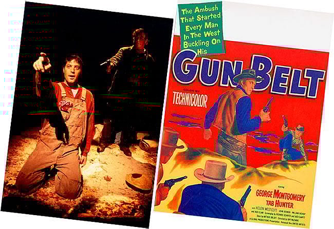 Image from the stage adaptation of John Steinbeck's "Of Mice and Men," courtesy photograph by Randall Wise for the Iron Age Theatre's production at the Centre Theatre, Norristown, Pennsylvania, November 2002. (R) 1953 United Artists western film lobby card, "Gun Belt." MS 323 Don Look Collection.