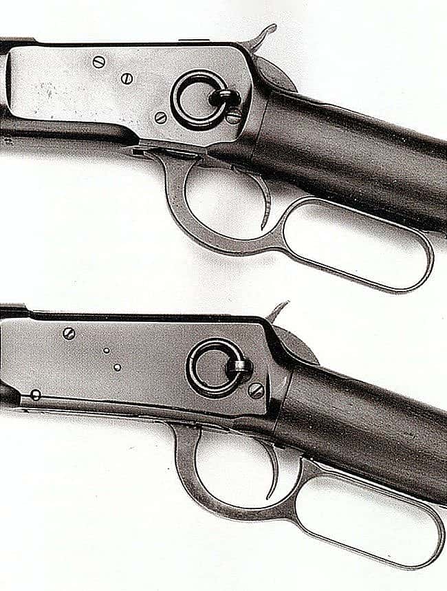 Winchester Model 1892 (top), and M1894 (bottom) carbines, depicting the "saddle rings" on the left side of their frames.