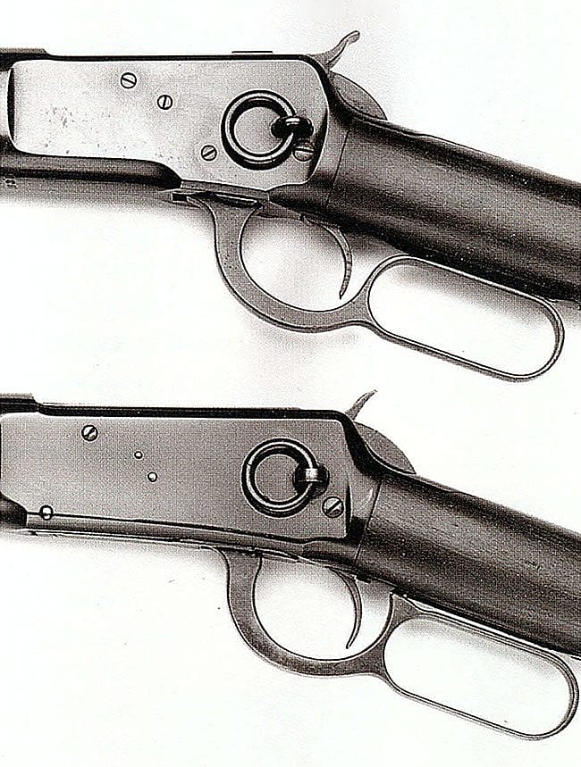 Winchester Model 1892 (top), and M1894 (bottom) carbines, depicting the "saddle rings" on the left side of their frames.