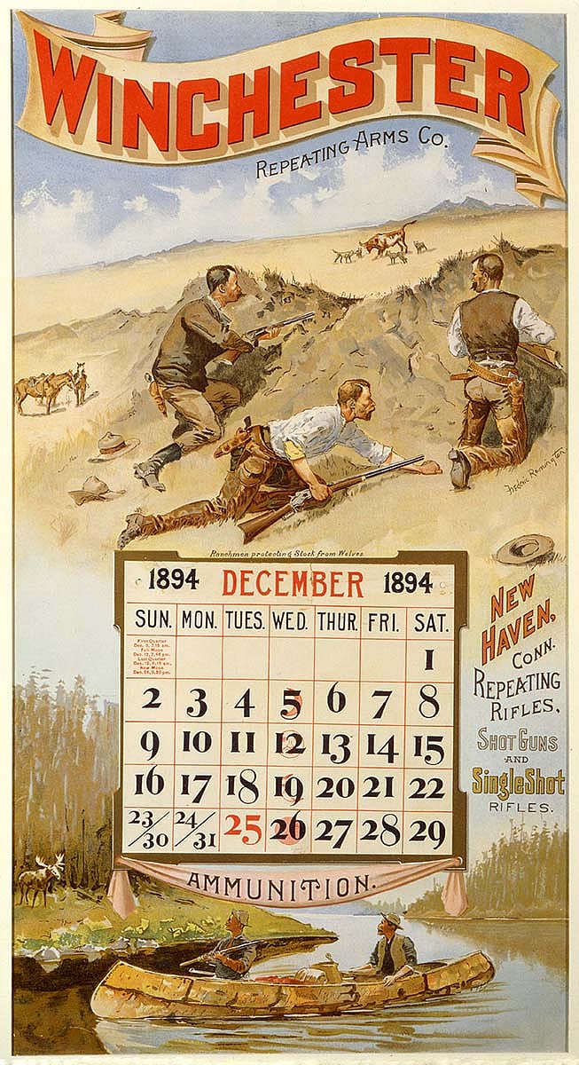 Ranchmen Protecting Stock from Wolves and A Surprise Party by Frederic Remington, 1894 Winchester calendar. Gift of Olin Corporation, Winchester Collection. 1988.8.2897
