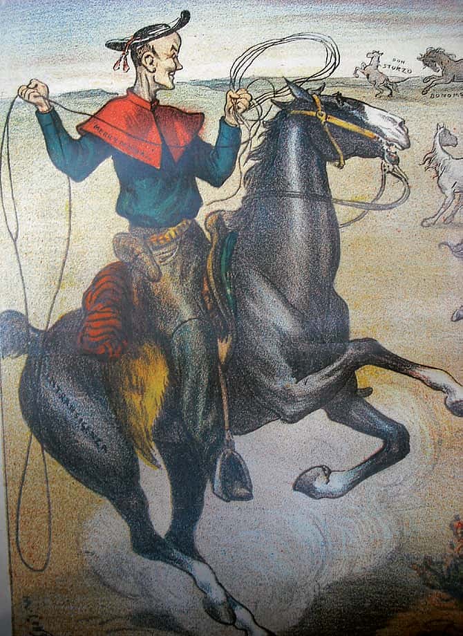 Cardinal Merry del Val as a cowboy in the West. April 1906 "La Rana." (detail)
