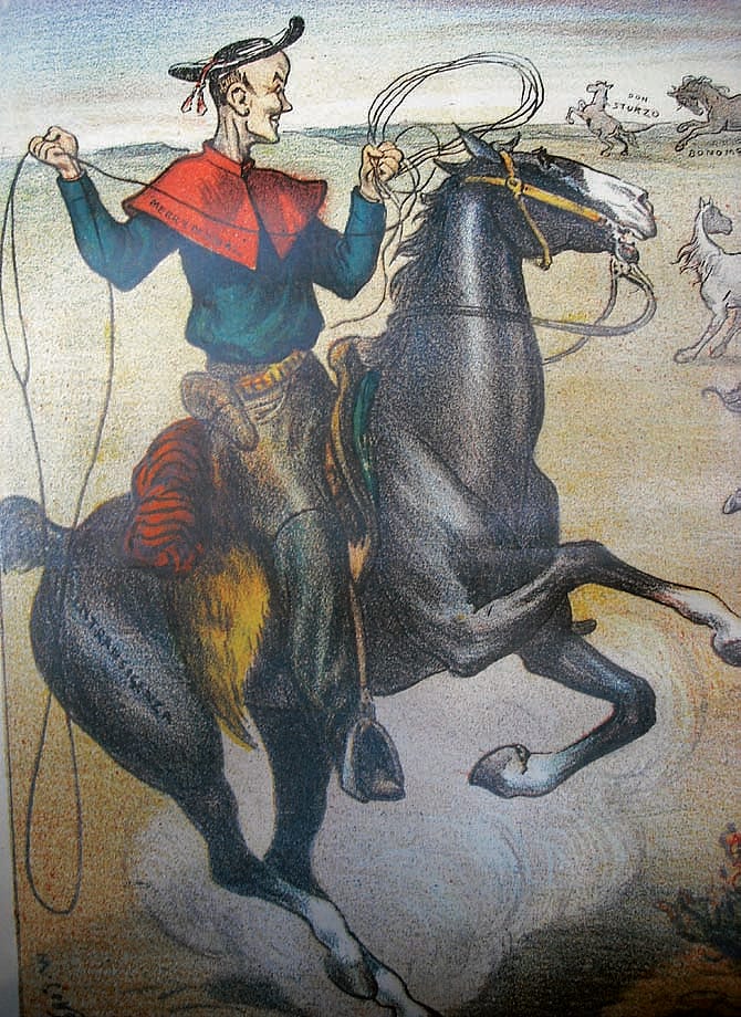 Cardinal Merry del Val as a cowboy in the West. April 1906 "La Rana." (detail)