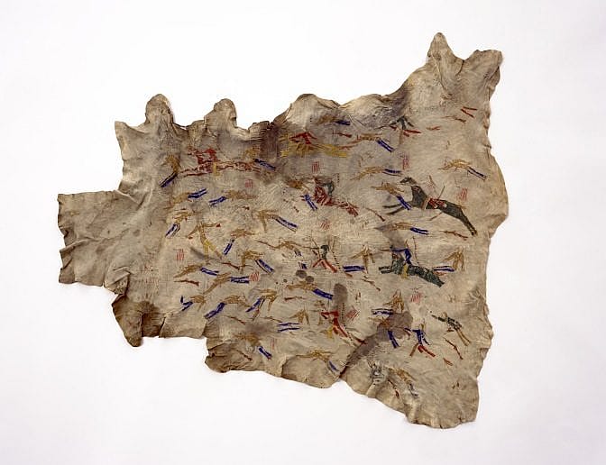Painted deer hide of the Battle of Little Bighorn, Lakota, ca. 1895. Gift of Robert C. Charles. NA. 702.4.