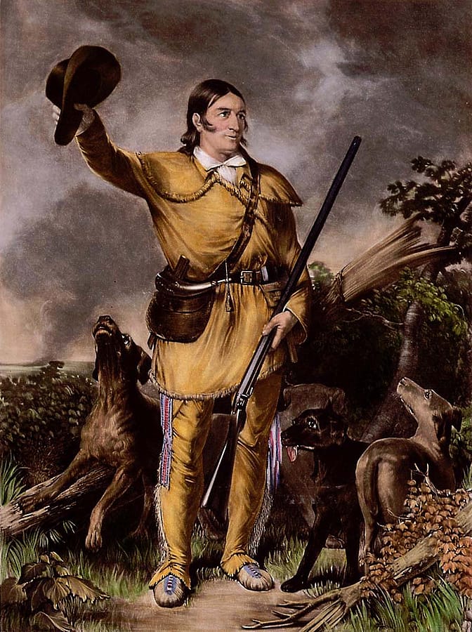 Davy Crockett, the coonskin-capped, buckskin-wearing Tennessee congressman, was often lampooned for his folksy ways and dress. Colonel Crockett, 1839. Hand-colored photogravure. Museum purchase. 1.69.4823