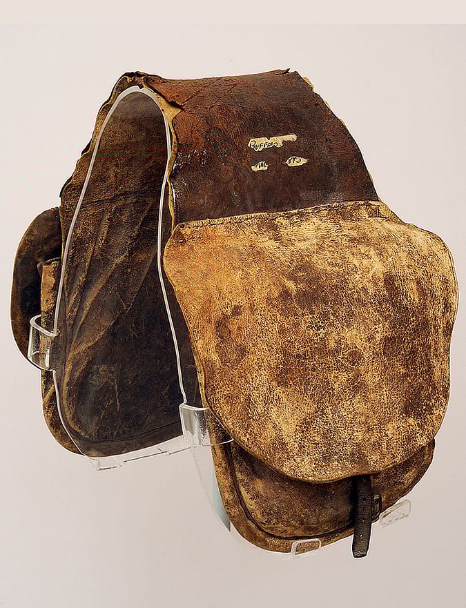 Buffalo hide saddlebags, ca. 1870. Original Buffalo Bill Museum Collection. 1.69.894