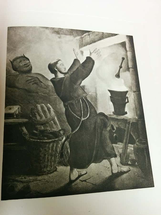 A print of an early depiction of a gunpowder maker. Note the horned devil figure.